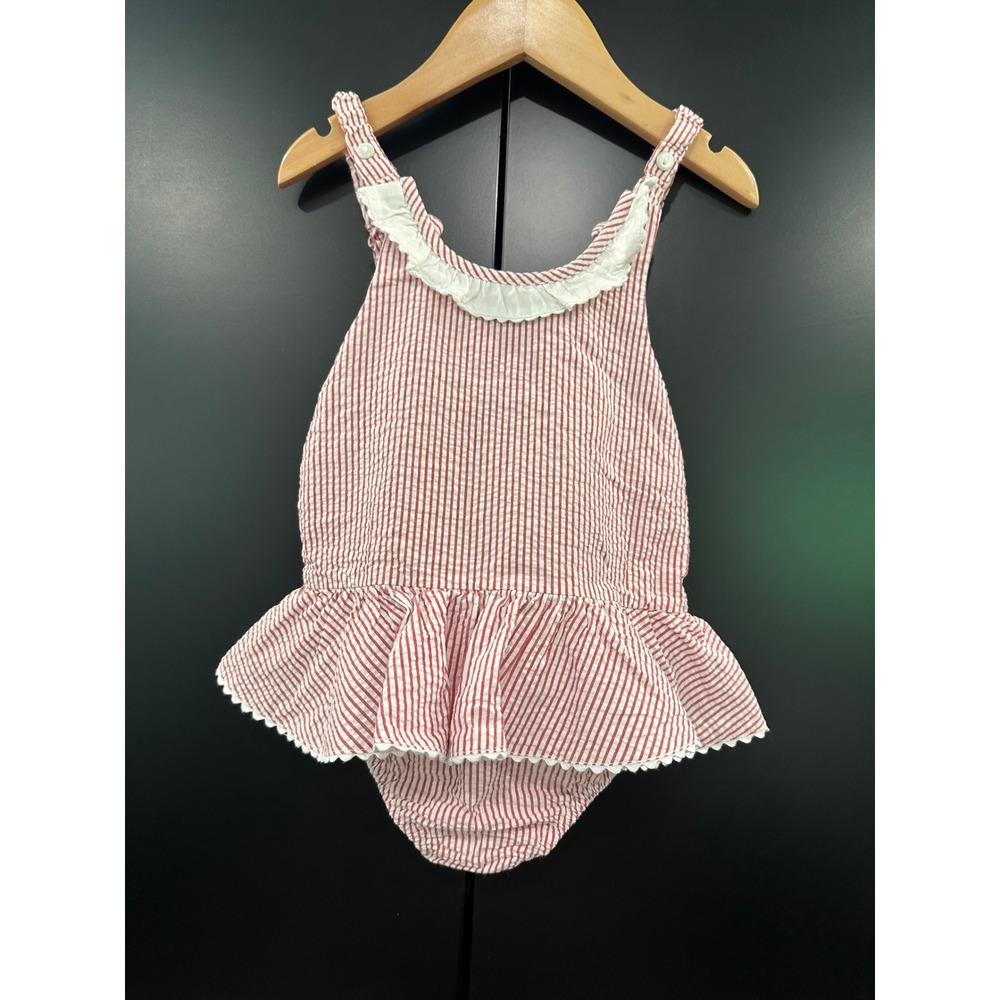 Monday's Child Red Seersucker Ruffle Sunsuit Romper Toddler Size‎ 3 Cotton